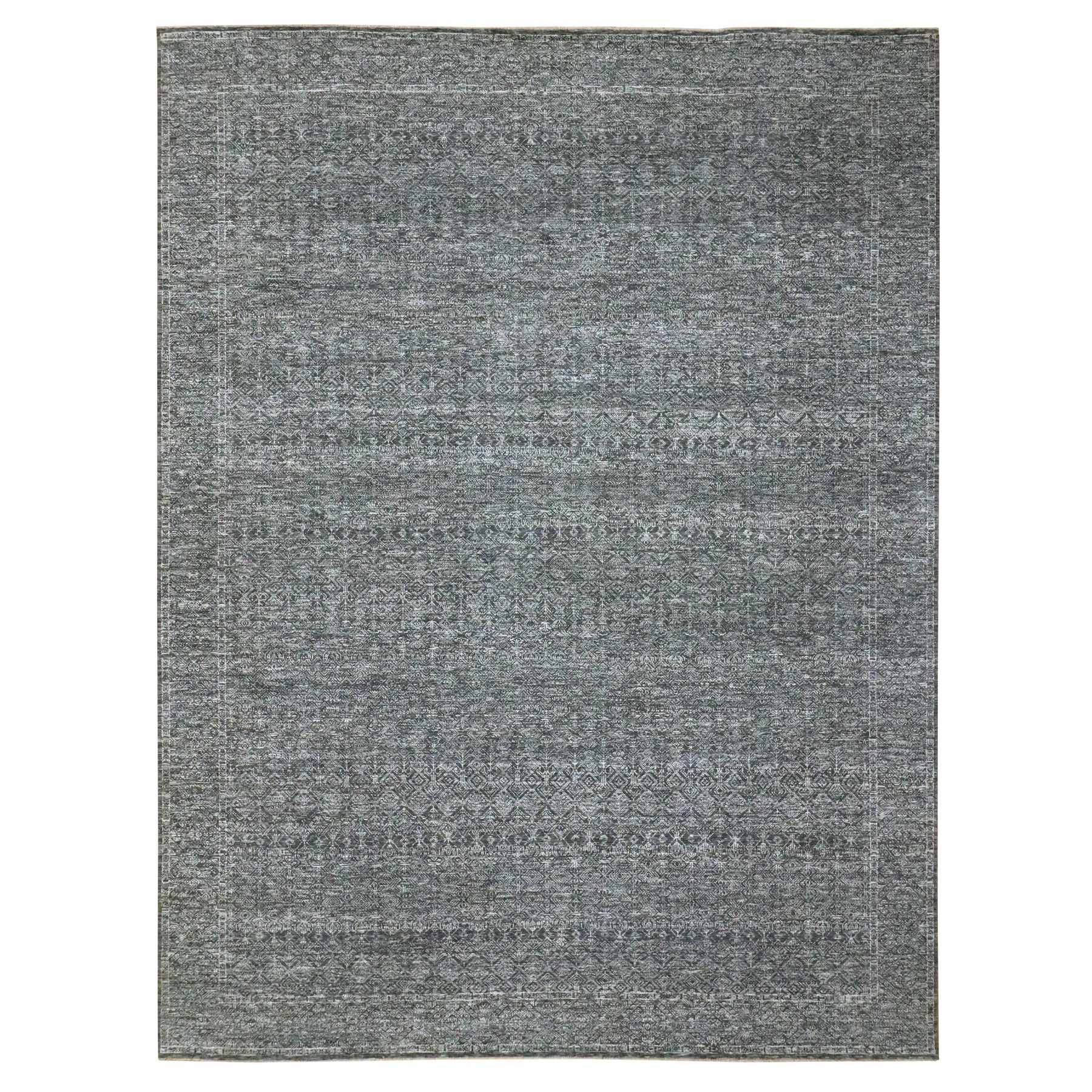 9'2"x12'1" Pebble Gray, Geometric Garden Pattern, Agra, Tone on Tone, Dense Weave, Hand Knotted, Pure Wool, Oriental Rug 